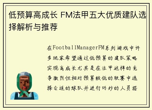 低预算高成长 FM法甲五大优质建队选择解析与推荐
