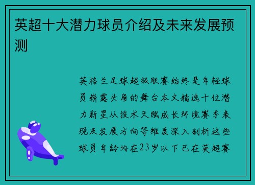 英超十大潜力球员介绍及未来发展预测